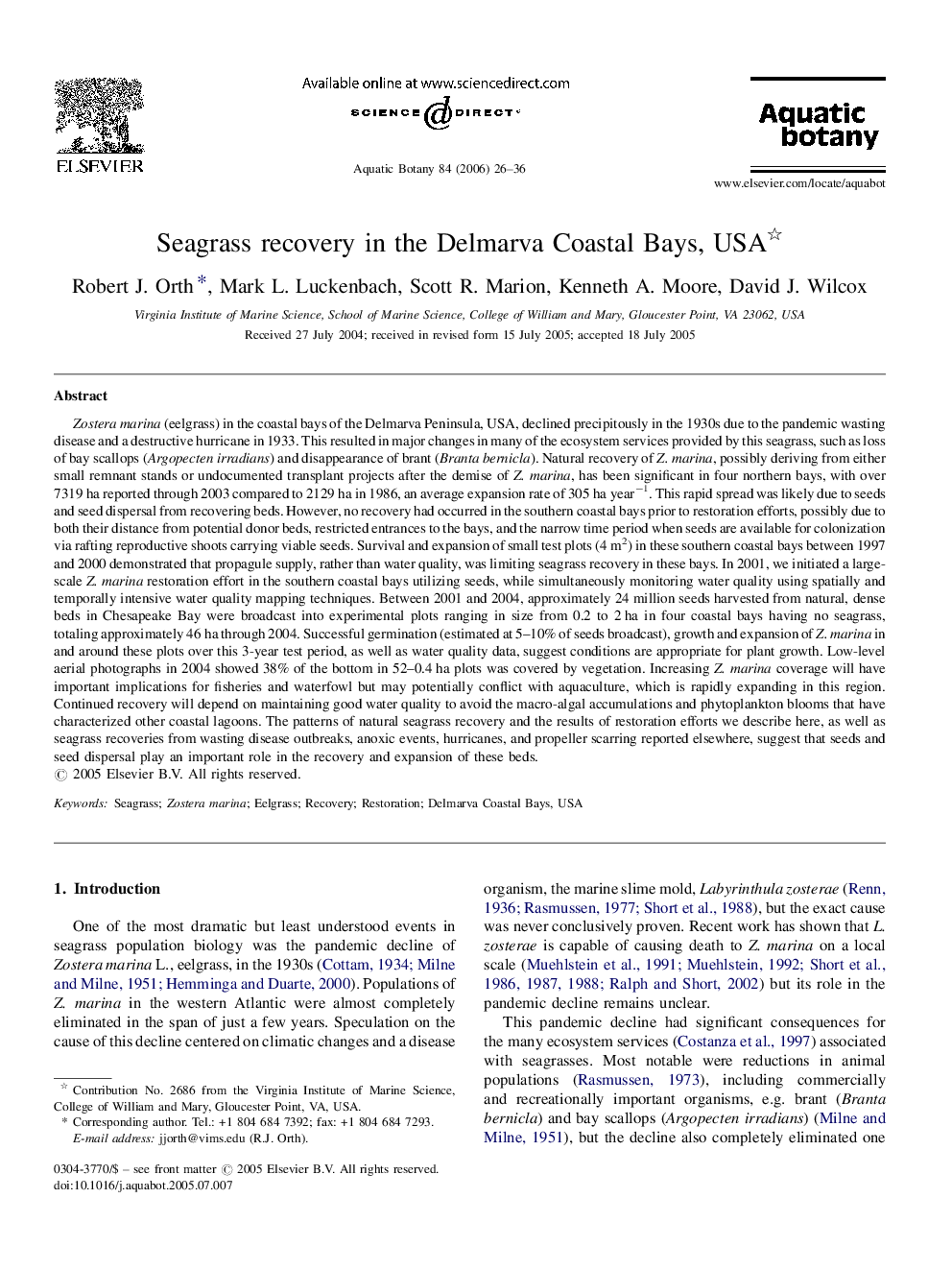 Seagrass recovery in the Delmarva Coastal Bays, USA 