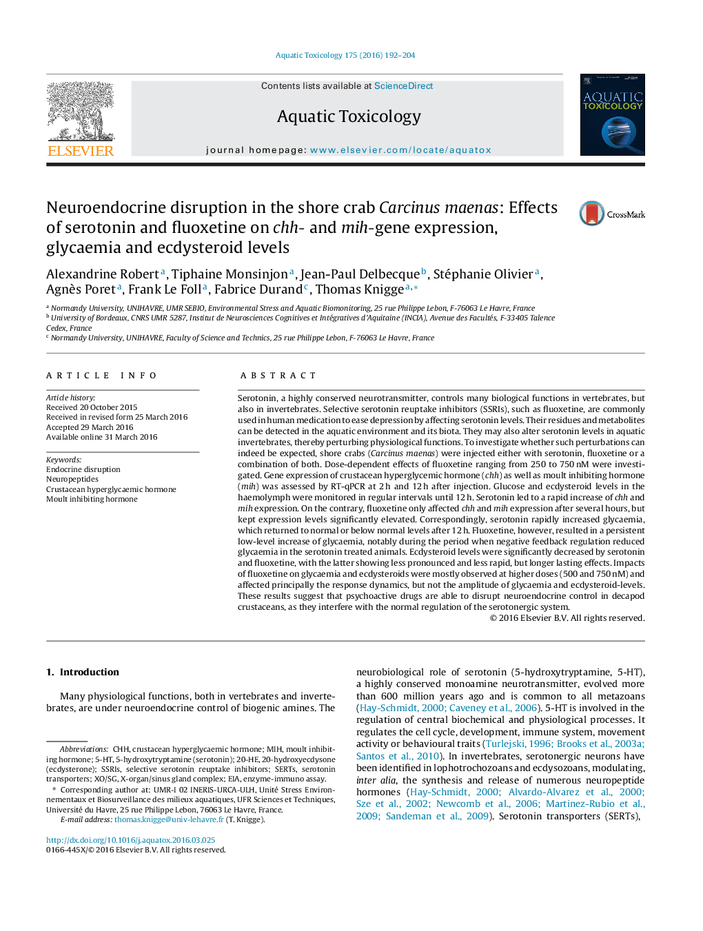 Neuroendocrine disruption in the shore crab Carcinus maenas: Effects of serotonin and fluoxetine on chh- and mih-gene expression, glycaemia and ecdysteroid levels