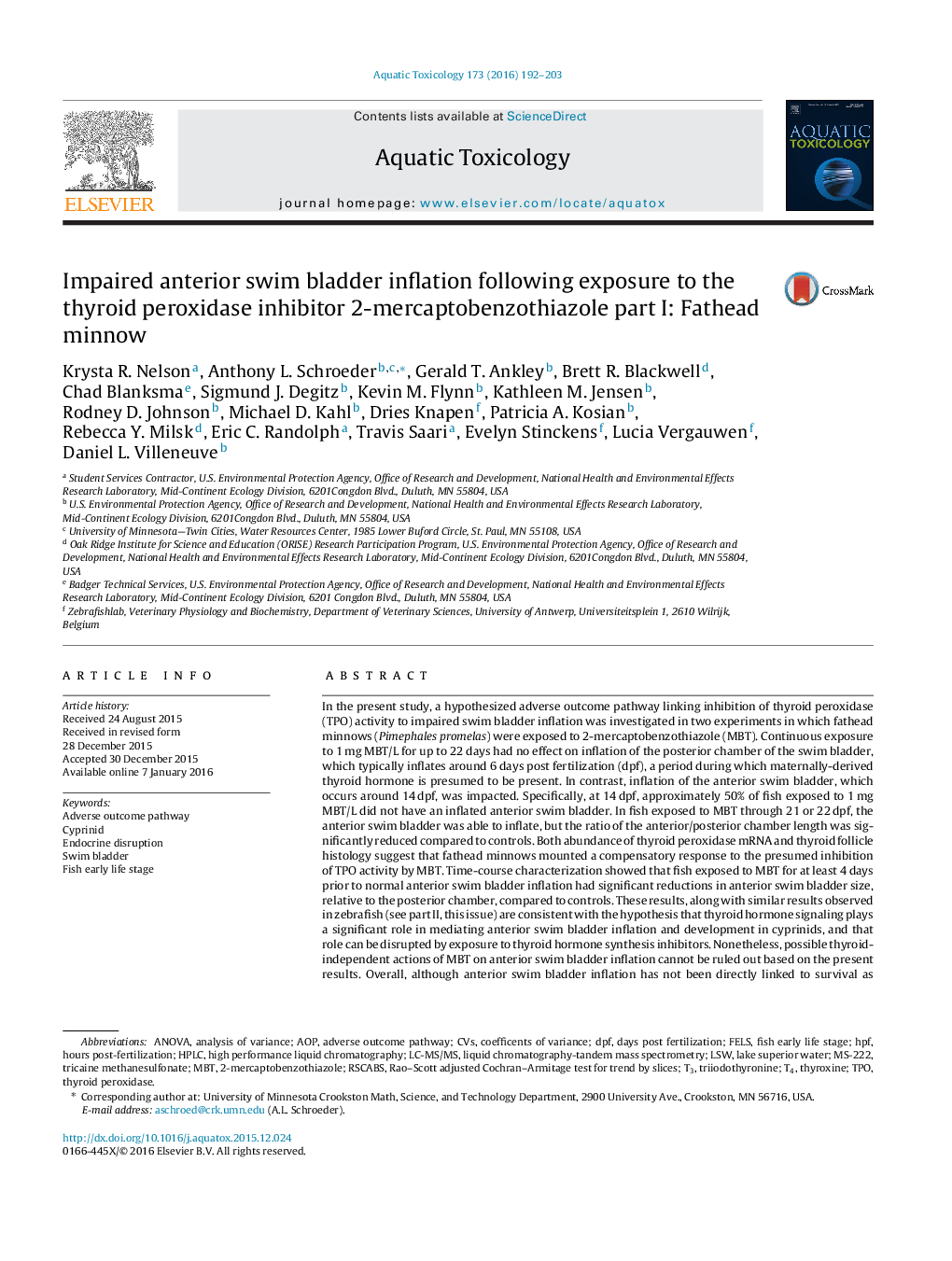 Impaired anterior swim bladder inflation following exposure to the thyroid peroxidase inhibitor 2-mercaptobenzothiazole part I: Fathead minnow