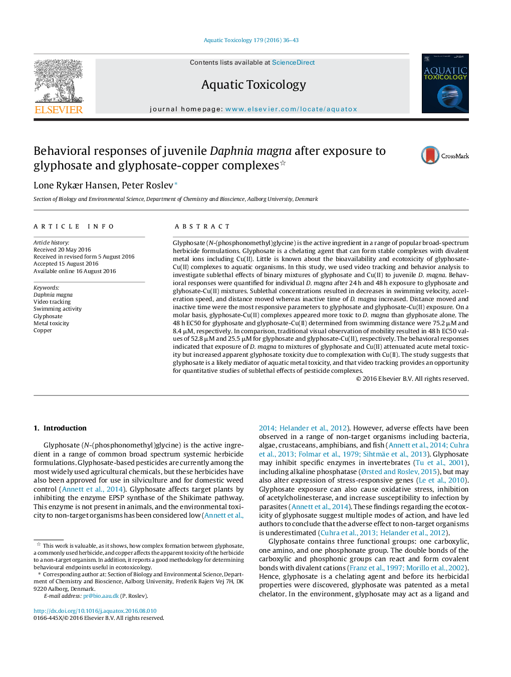 Behavioral responses of juvenile Daphnia magna after exposure to glyphosate and glyphosate-copper complexes 