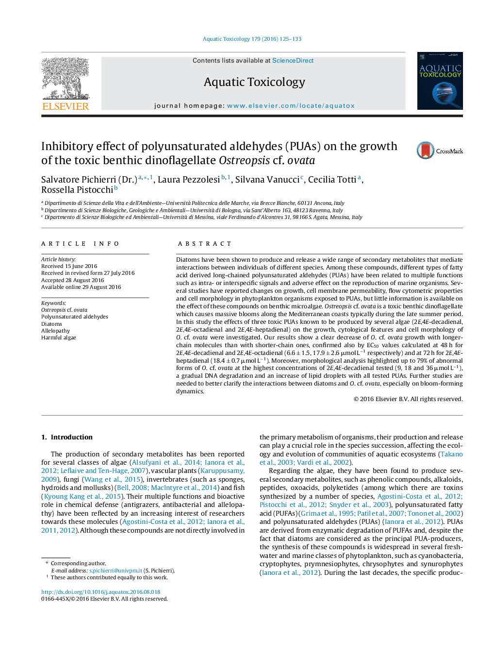 Inhibitory effect of polyunsaturated aldehydes (PUAs) on the growth of the toxic benthic dinoflagellate Ostreopsis cf. ovata