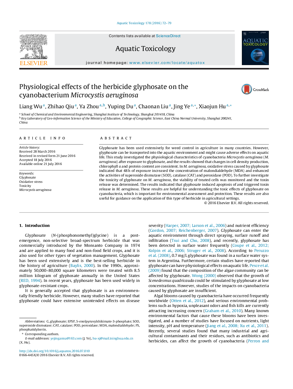 Physiological effects of the herbicide glyphosate on the cyanobacterium Microcystis aeruginosa