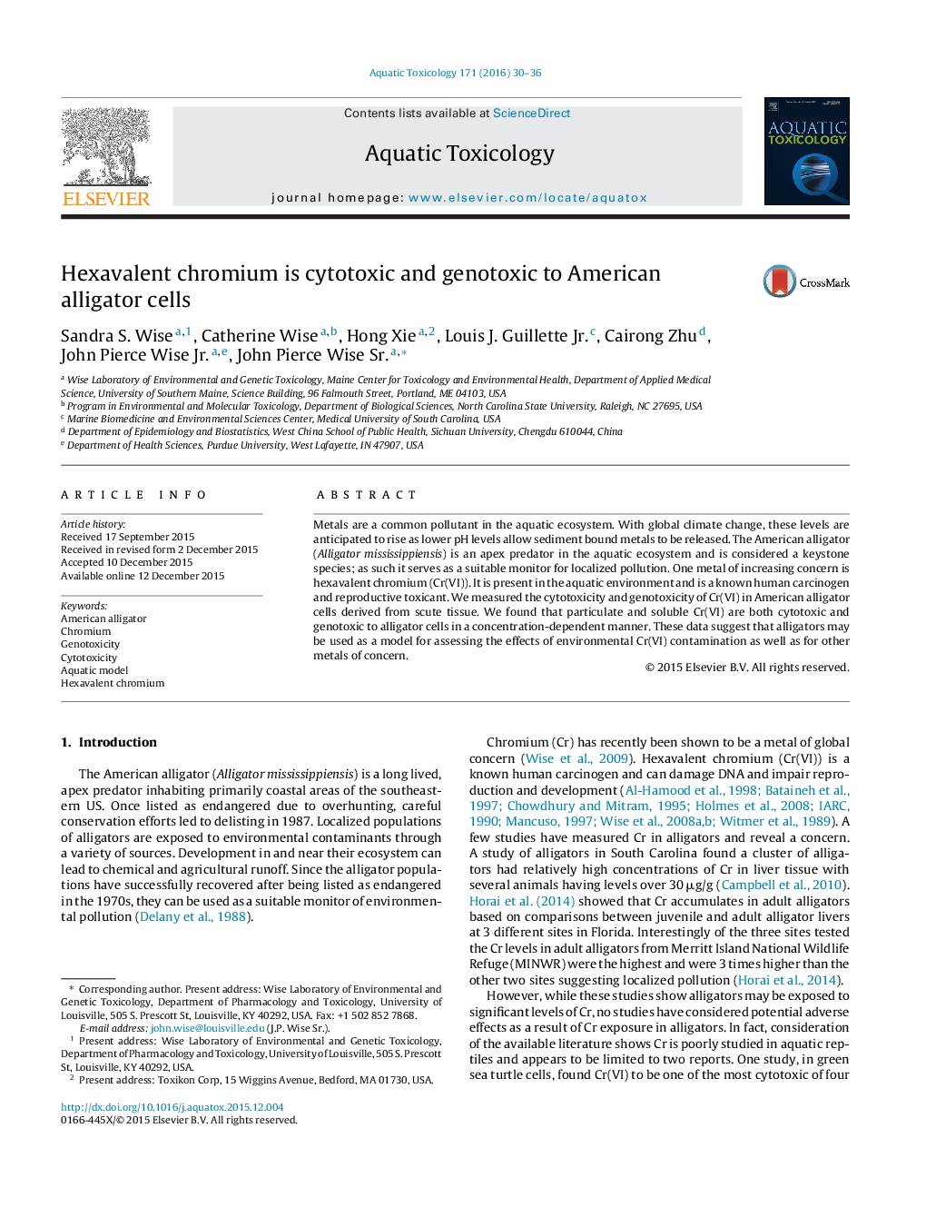 Hexavalent chromium is cytotoxic and genotoxic to American alligator cells