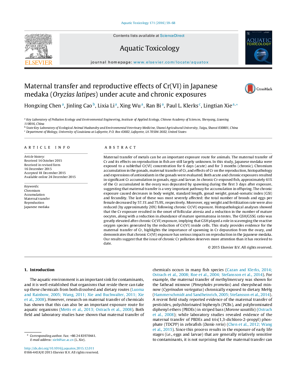 Maternal transfer and reproductive effects of Cr(VI) in Japanese medaka (Oryzias latipes) under acute and chronic exposures