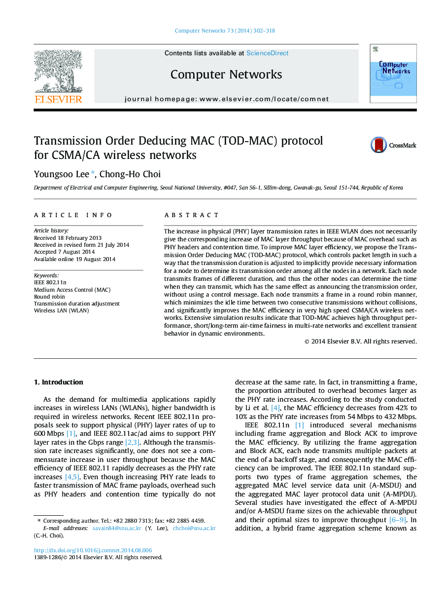 Transmission Order Deducing MAC (TOD-MAC) protocol for CSMA/CA wireless networks