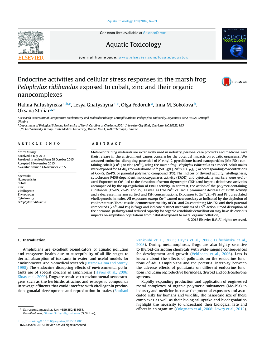 Endocrine activities and cellular stress responses in the marsh frog Pelophylax ridibundus exposed to cobalt, zinc and their organic nanocomplexes