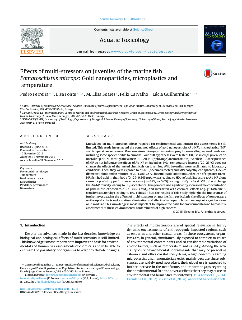 Effects of multi-stressors on juveniles of the marine fish Pomatoschistus microps: Gold nanoparticles, microplastics and temperature