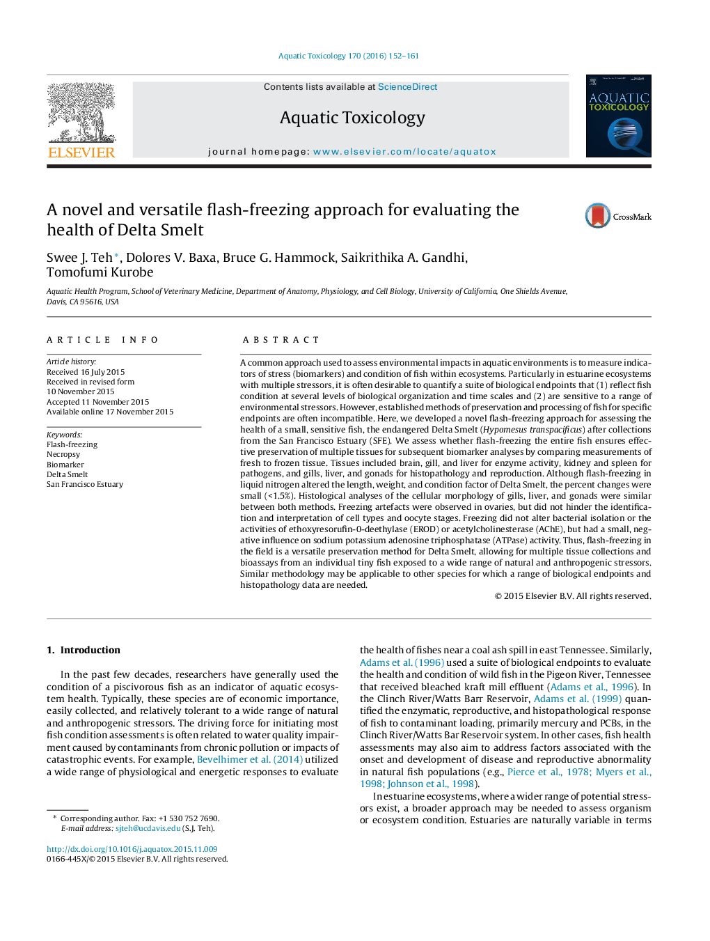 A novel and versatile flash-freezing approach for evaluating the health of Delta Smelt