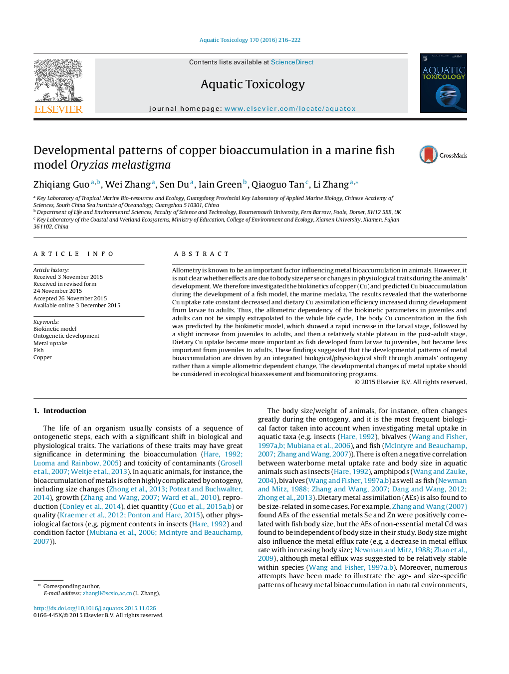 Developmental patterns of copper bioaccumulation in a marine fish model Oryzias melastigma