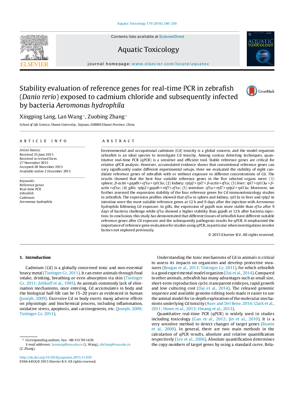 Stability evaluation of reference genes for real-time PCR in zebrafish (Danio rerio) exposed to cadmium chloride and subsequently infected by bacteria Aeromonas hydrophila