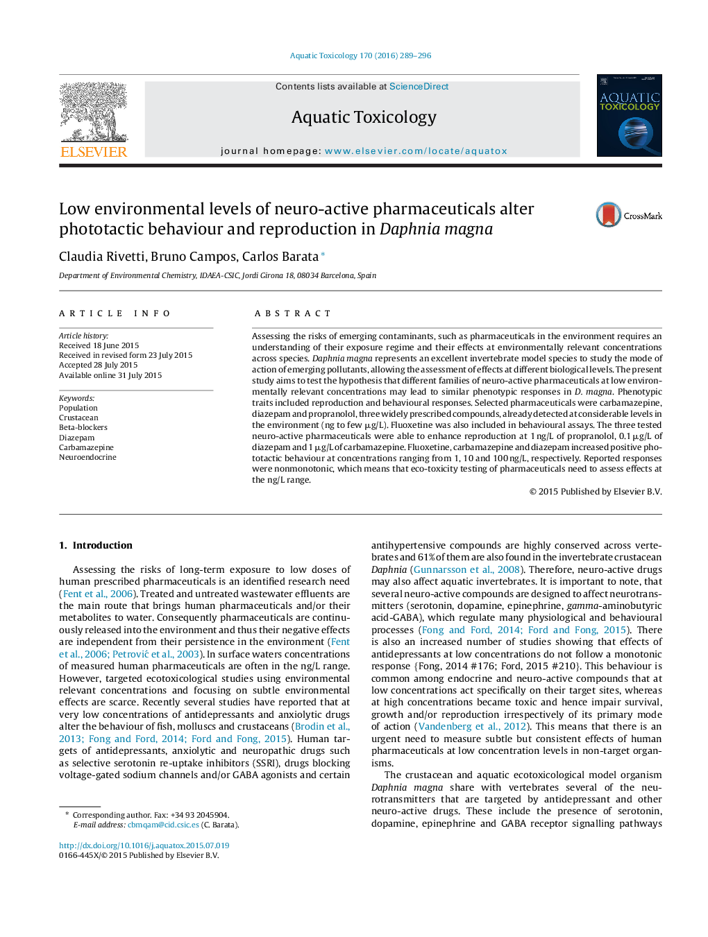 Low environmental levels of neuro-active pharmaceuticals alter phototactic behaviour and reproduction in Daphnia magna