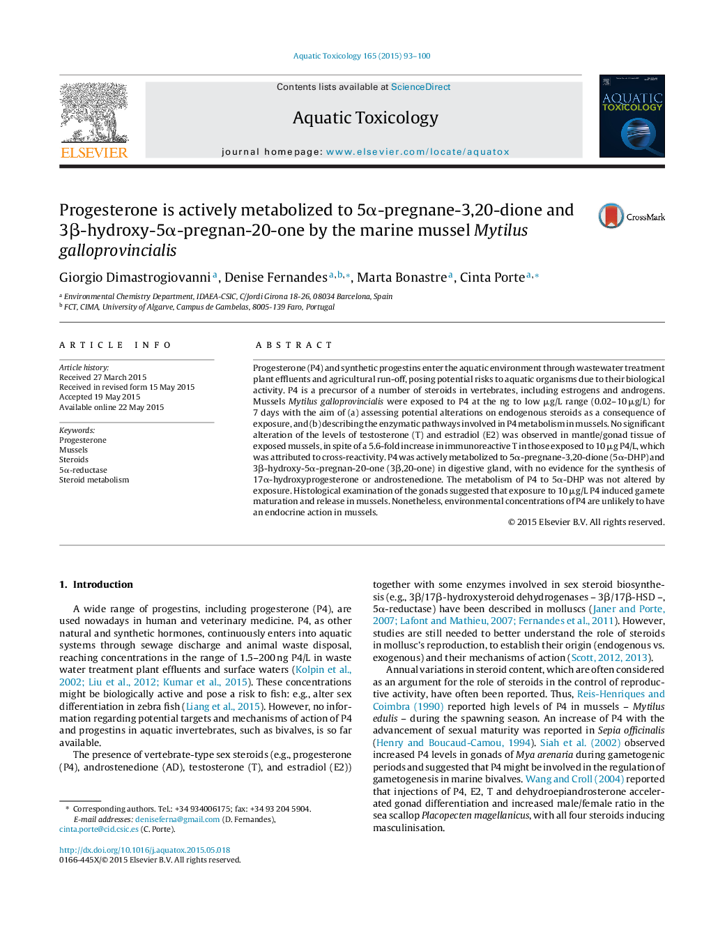 Progesterone is actively metabolized to 5α-pregnane-3,20-dione and 3β-hydroxy-5α-pregnan-20-one by the marine mussel Mytilus galloprovincialis