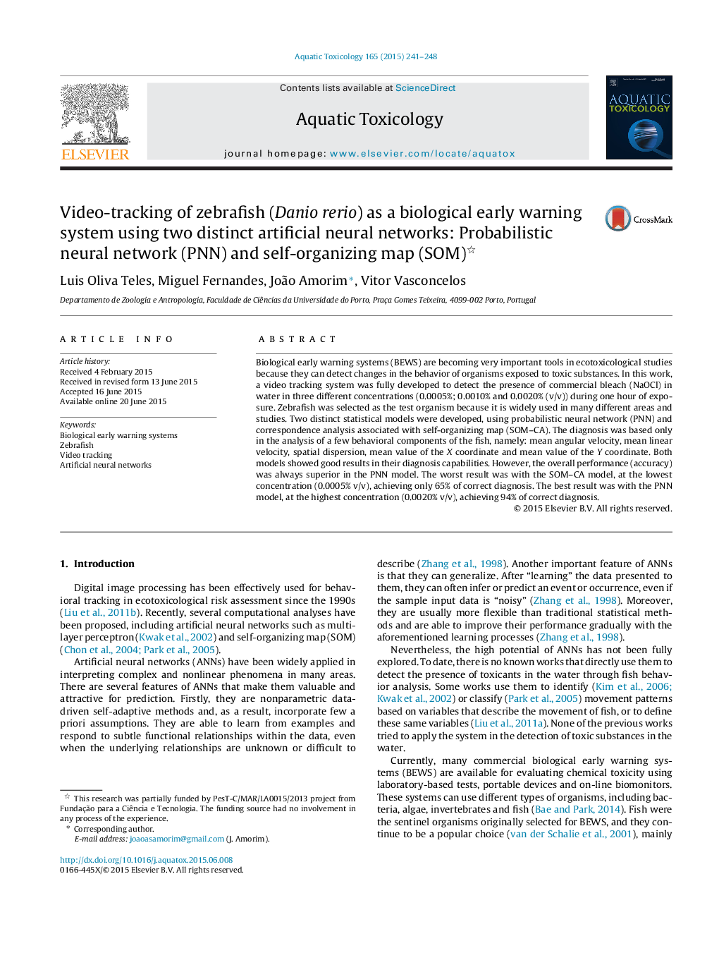 Video-tracking of zebrafish (Danio rerio) as a biological early warning system using two distinct artificial neural networks: Probabilistic neural network (PNN) and self-organizing map (SOM) 