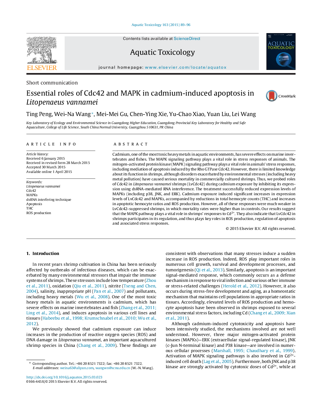 Essential roles of Cdc42 and MAPK in cadmium-induced apoptosis in Litopenaeus vannamei