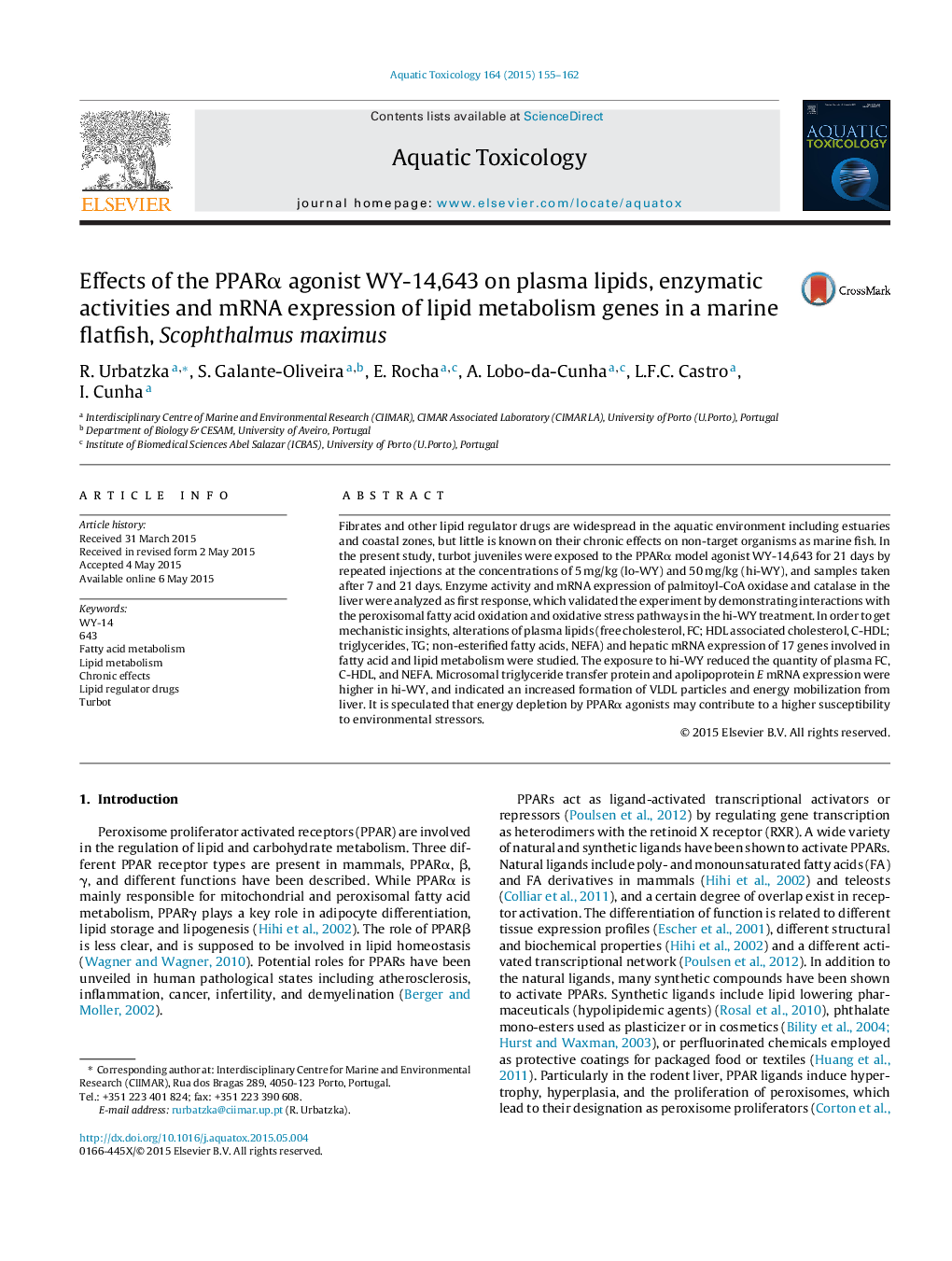 Effects of the PPARα agonist WY-14,643 on plasma lipids, enzymatic activities and mRNA expression of lipid metabolism genes in a marine flatfish, Scophthalmus maximus