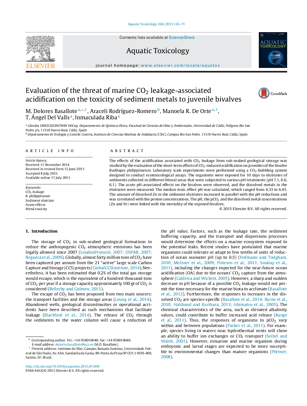 Evaluation of the threat of marine CO2 leakage-associated acidification on the toxicity of sediment metals to juvenile bivalves