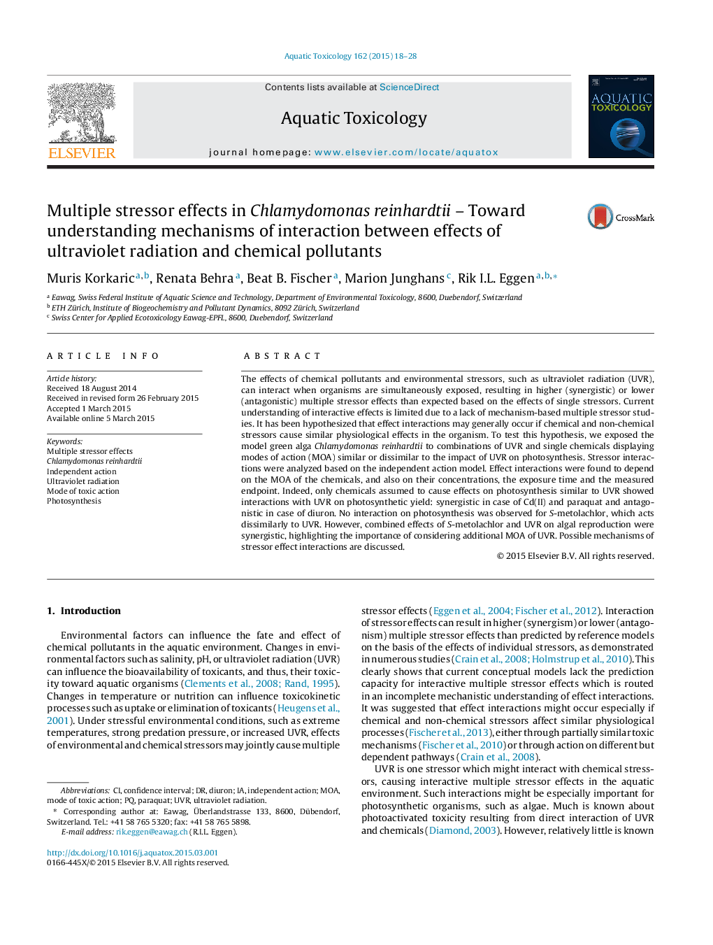 Multiple stressor effects in Chlamydomonas reinhardtii – Toward understanding mechanisms of interaction between effects of ultraviolet radiation and chemical pollutants