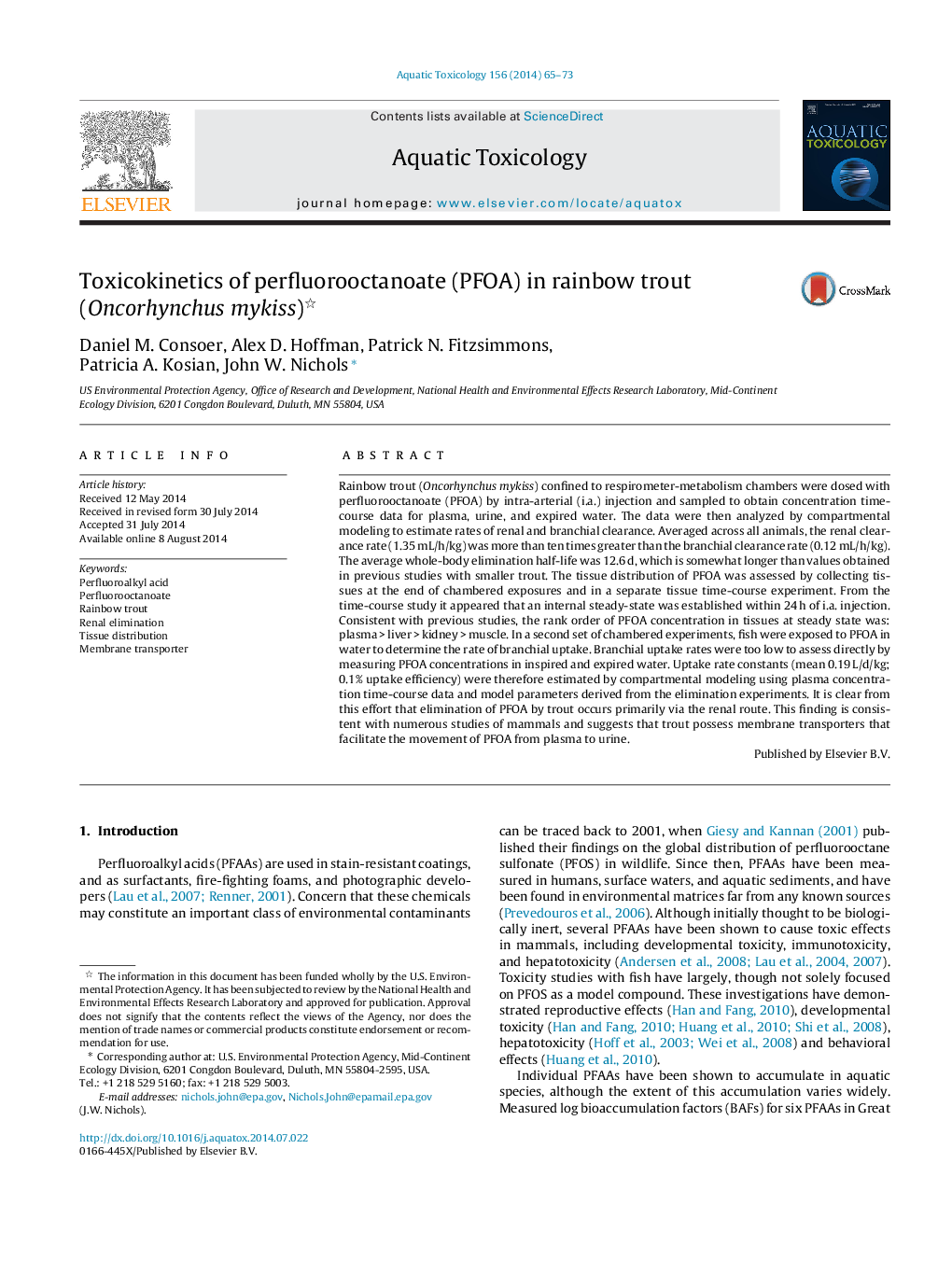 Toxicokinetics of perfluorooctanoate (PFOA) in rainbow trout (Oncorhynchus mykiss) 