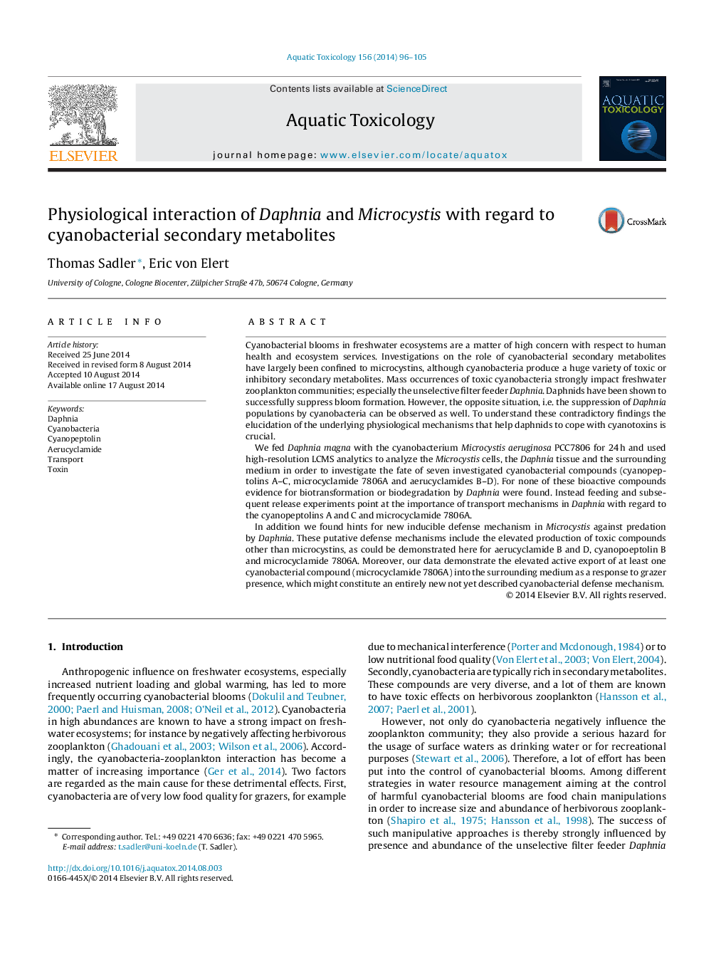 Physiological interaction of Daphnia and Microcystis with regard to cyanobacterial secondary metabolites