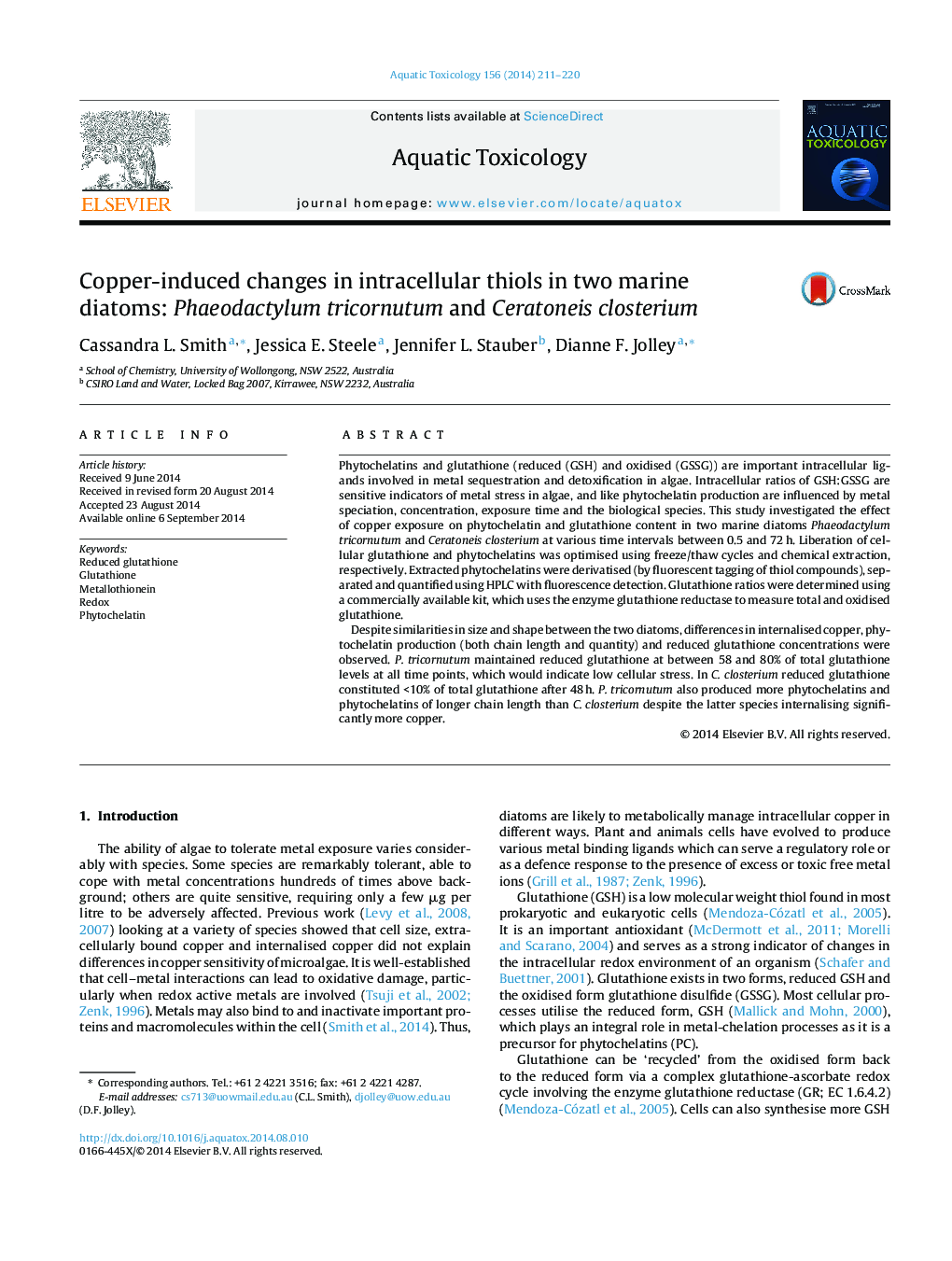 Copper-induced changes in intracellular thiols in two marine diatoms: Phaeodactylum tricornutum and Ceratoneis closterium