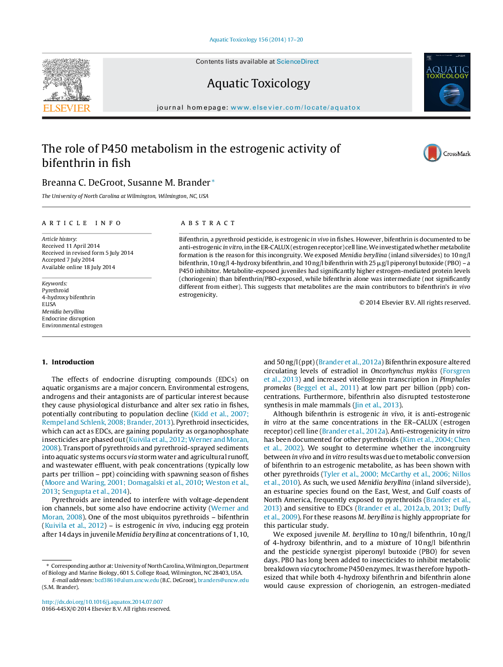 The role of P450 metabolism in the estrogenic activity of bifenthrin in fish