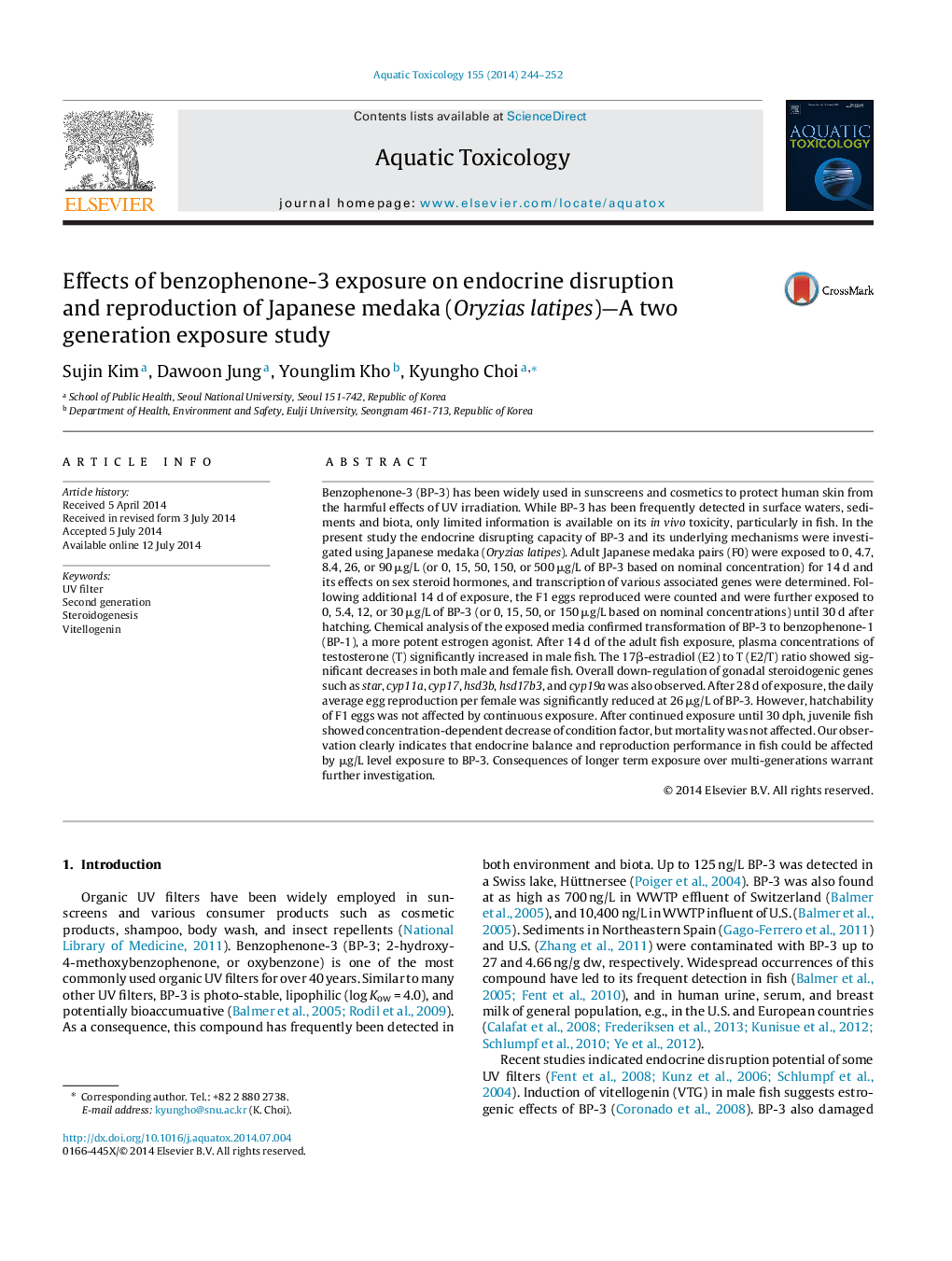 Effects of benzophenone-3 exposure on endocrine disruption and reproduction of Japanese medaka (Oryzias latipes)—A two generation exposure study