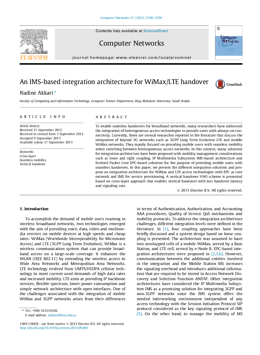 An IMS-based integration architecture for WiMax/LTE handover