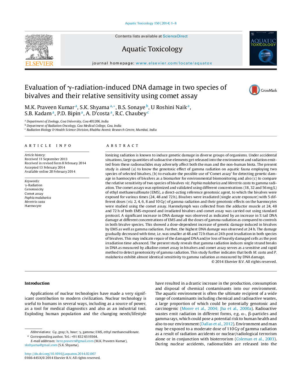 Evaluation of γ-radiation-induced DNA damage in two species of bivalves and their relative sensitivity using comet assay