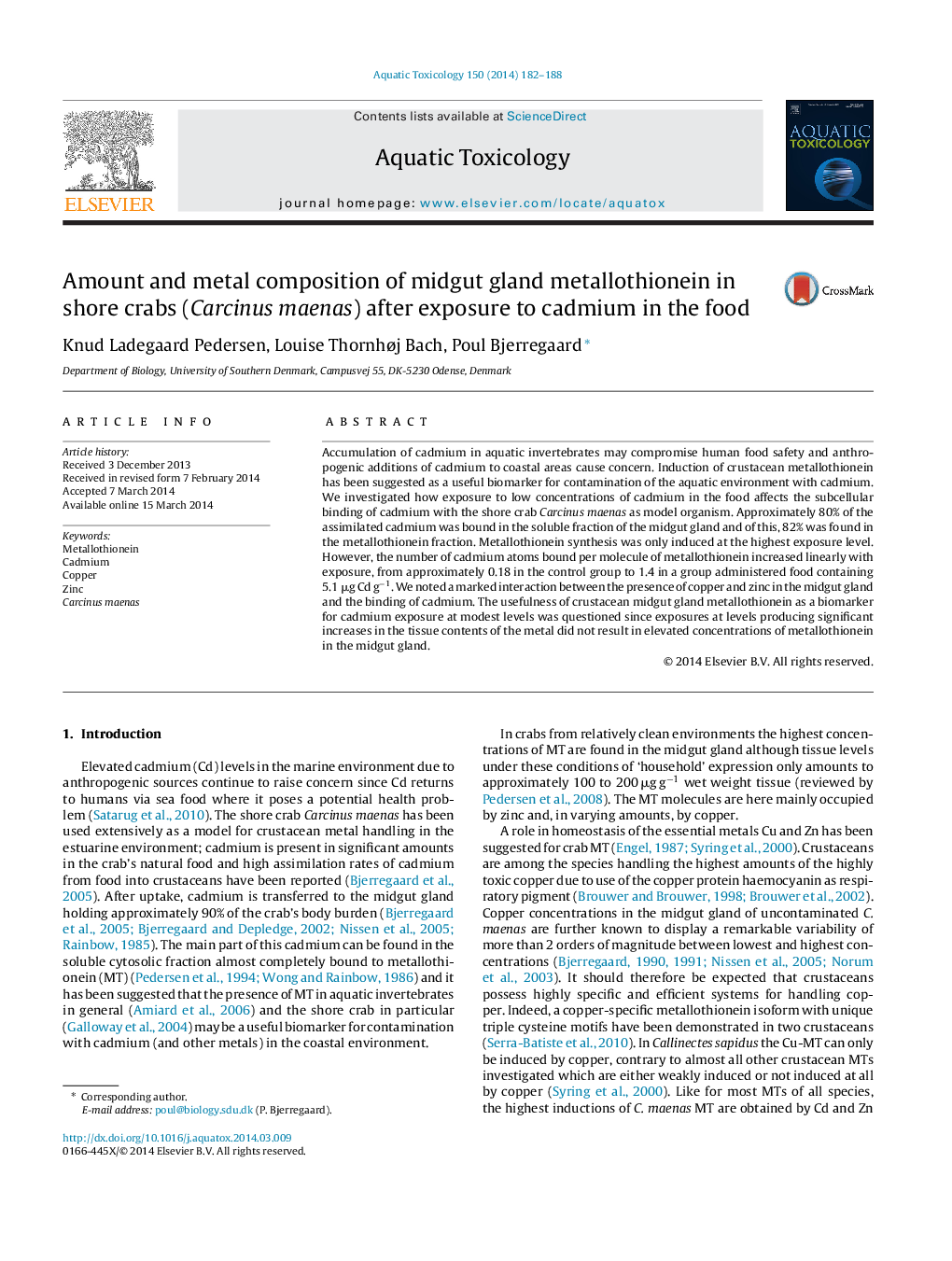 Amount and metal composition of midgut gland metallothionein in shore crabs (Carcinus maenas) after exposure to cadmium in the food