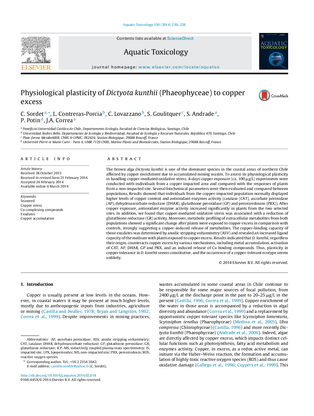 Physiological plasticity of Dictyota kunthii (Phaeophyceae) to copper excess