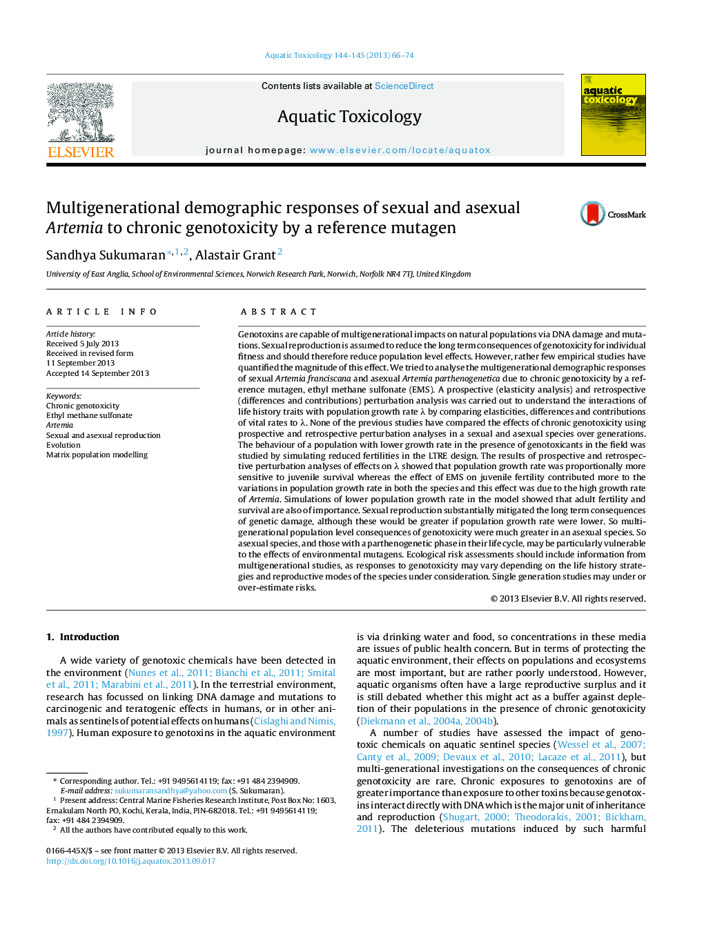 Multigenerational demographic responses of sexual and asexual Artemia to chronic genotoxicity by a reference mutagen