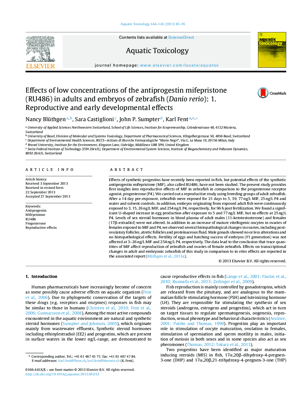 Effects of low concentrations of the antiprogestin mifepristone (RU486) in adults and embryos of zebrafish (Danio rerio): 1. Reproductive and early developmental effects