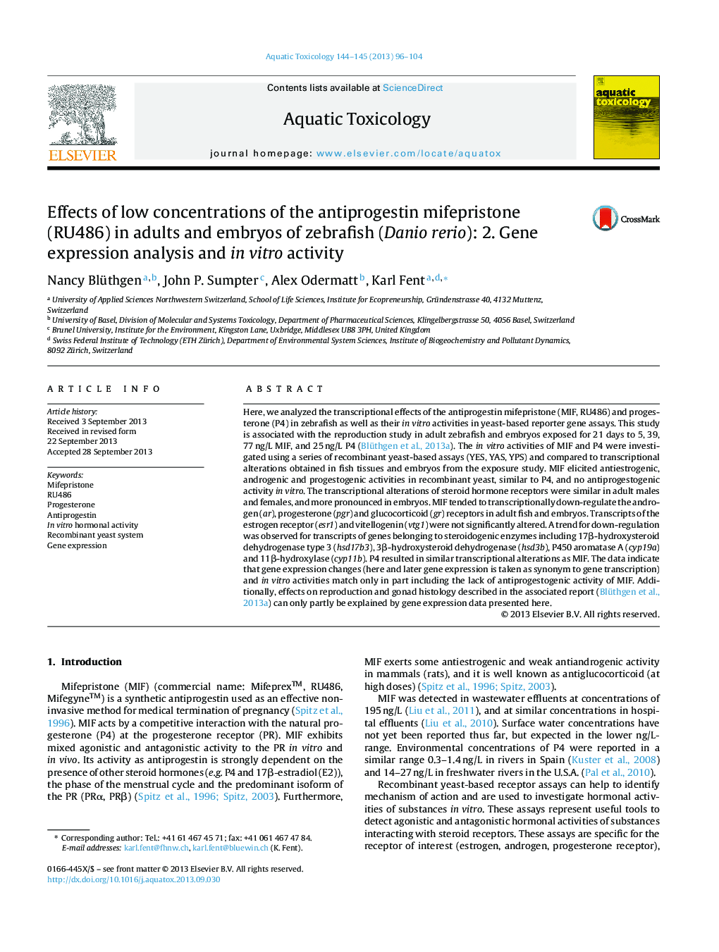 Effects of low concentrations of the antiprogestin mifepristone (RU486) in adults and embryos of zebrafish (Danio rerio): 2. Gene expression analysis and in vitro activity