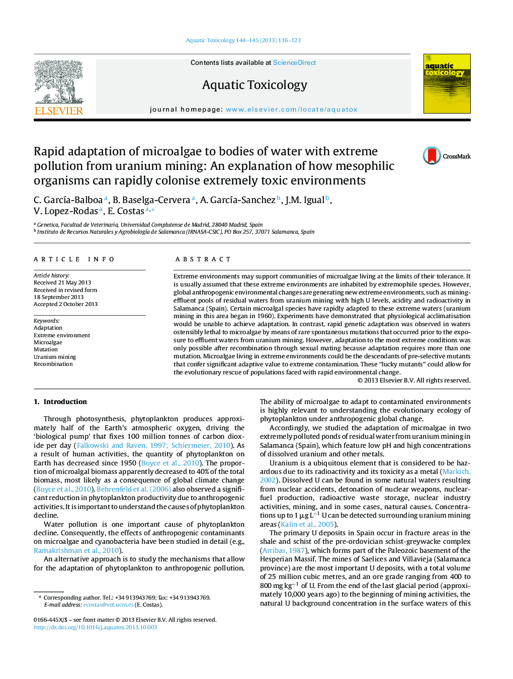 Rapid adaptation of microalgae to bodies of water with extreme pollution from uranium mining: An explanation of how mesophilic organisms can rapidly colonise extremely toxic environments