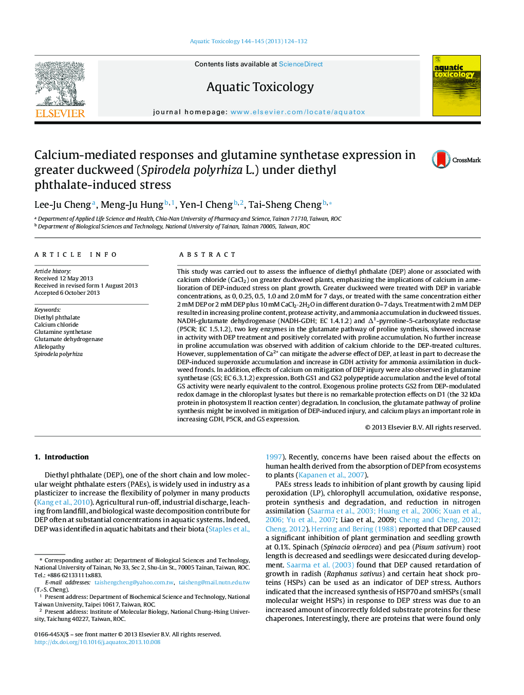 Calcium-mediated responses and glutamine synthetase expression in greater duckweed (Spirodela polyrhiza L.) under diethyl phthalate-induced stress