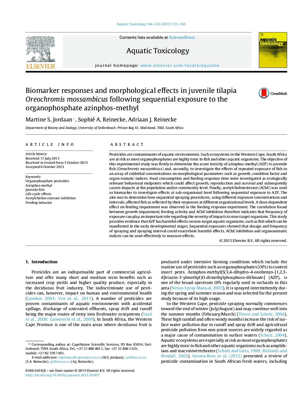 Biomarker responses and morphological effects in juvenile tilapia Oreochromis mossambicus following sequential exposure to the organophosphate azinphos-methyl