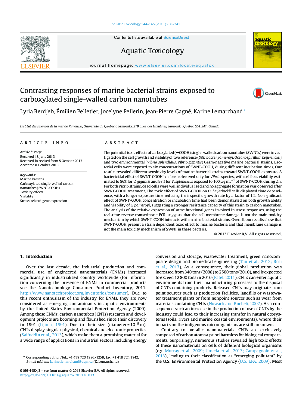 عکس صفحه اول مقاله: Contrasting responses of marine bacterial strains exposed to carboxylated single-walled carbon nanotubes Contrasting responses of marine bacterial strains exposed to carboxylated single-walled carbon nanotubes