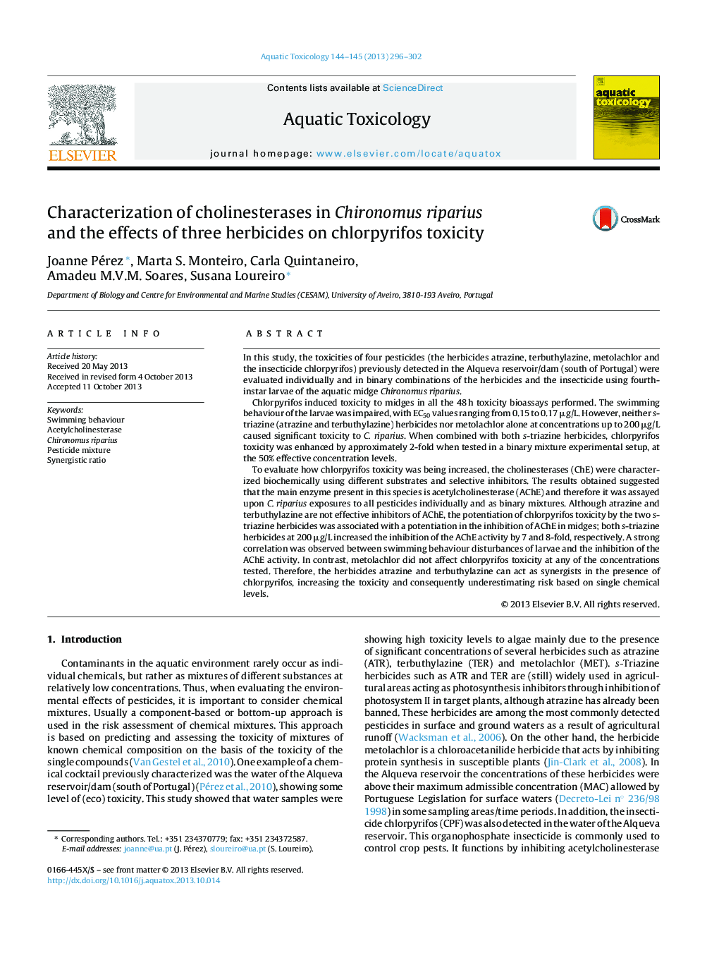 Characterization of cholinesterases in Chironomus riparius and the effects of three herbicides on chlorpyrifos toxicity