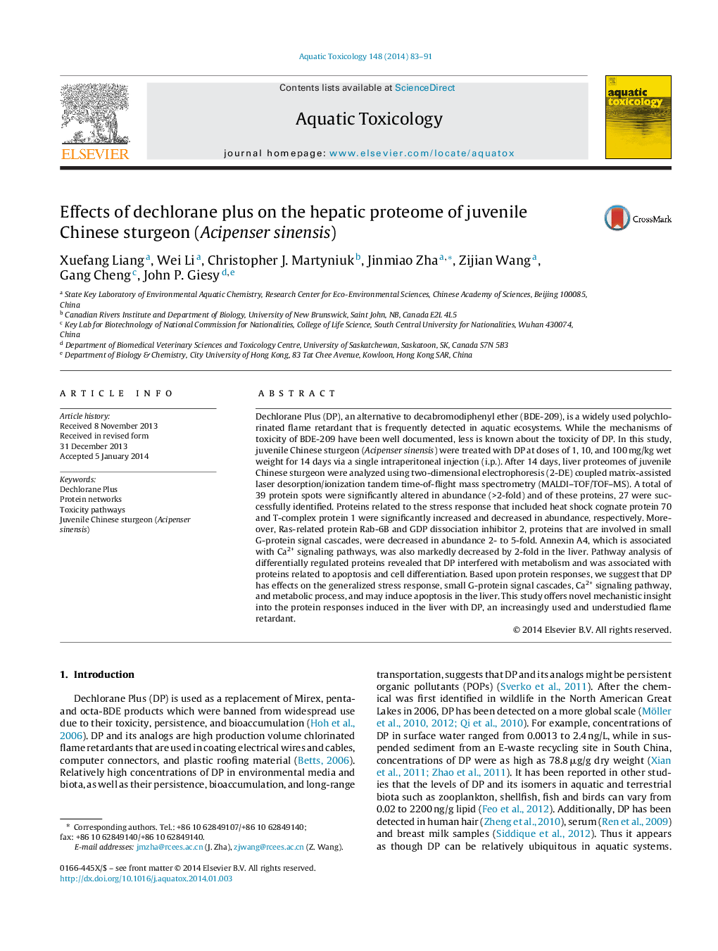 Effects of dechlorane plus on the hepatic proteome of juvenile Chinese sturgeon (Acipenser sinensis)