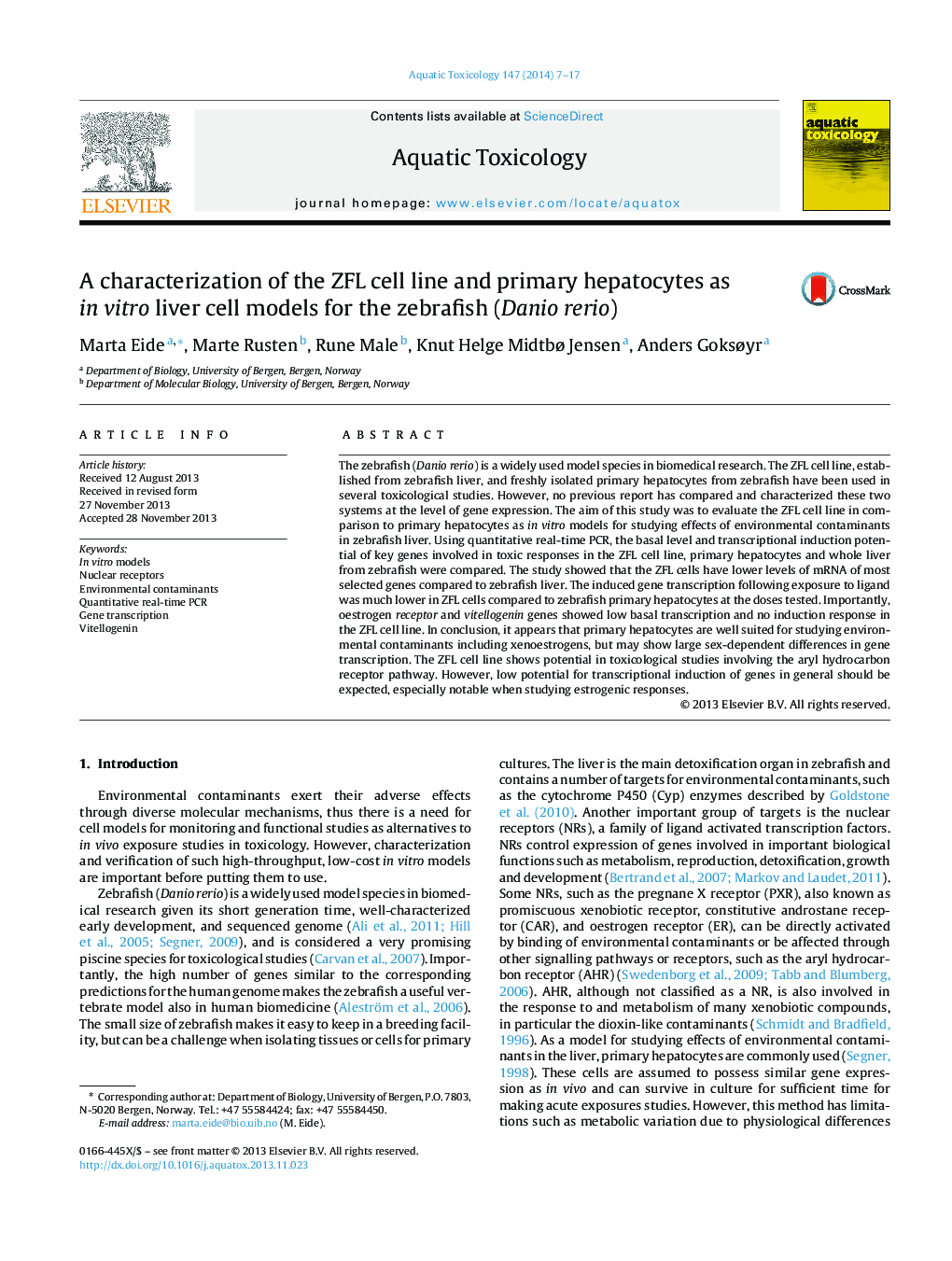 A characterization of the ZFL cell line and primary hepatocytes as in vitro liver cell models for the zebrafish (Danio rerio)