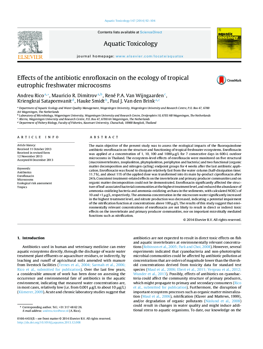 Effects of the antibiotic enrofloxacin on the ecology of tropical eutrophic freshwater microcosms