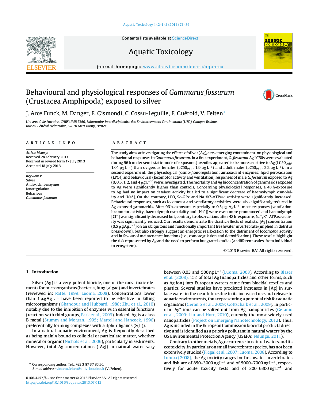 Behavioural and physiological responses of Gammarus fossarum (Crustacea Amphipoda) exposed to silver