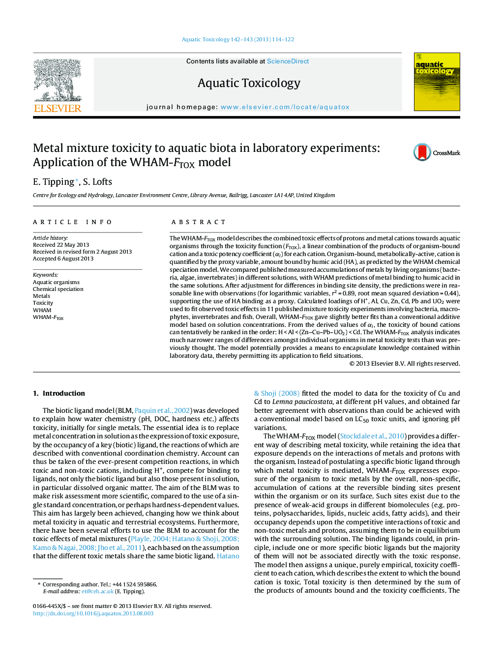 Metal mixture toxicity to aquatic biota in laboratory experiments: Application of the WHAM-FTOX model