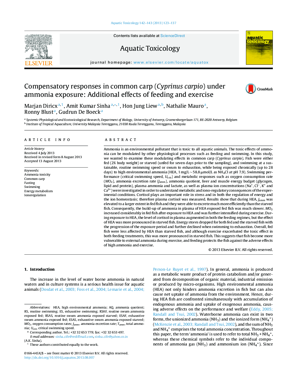 Compensatory responses in common carp (Cyprinus carpio) under ammonia exposure: Additional effects of feeding and exercise