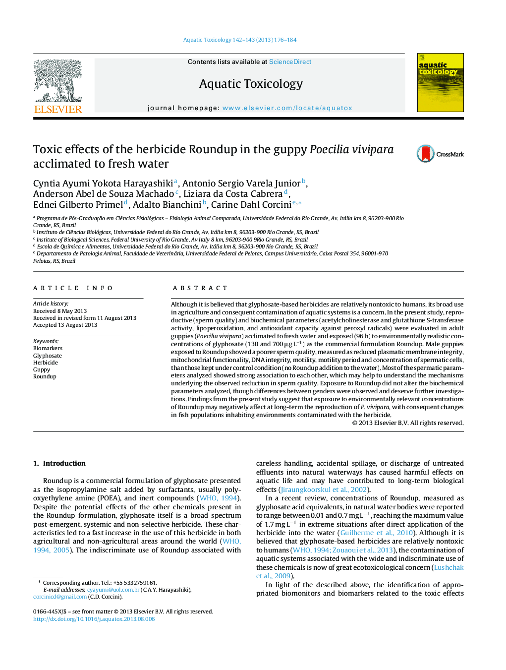 Toxic effects of the herbicide Roundup in the guppy Poecilia vivipara acclimated to fresh water