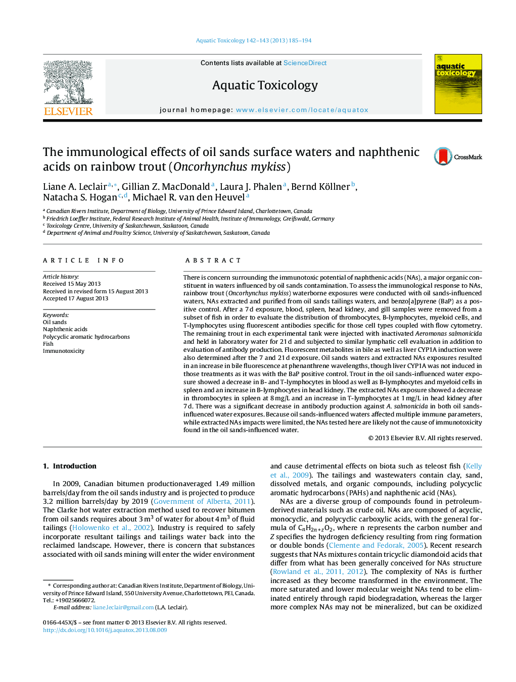 The immunological effects of oil sands surface waters and naphthenic acids on rainbow trout (Oncorhynchus mykiss)