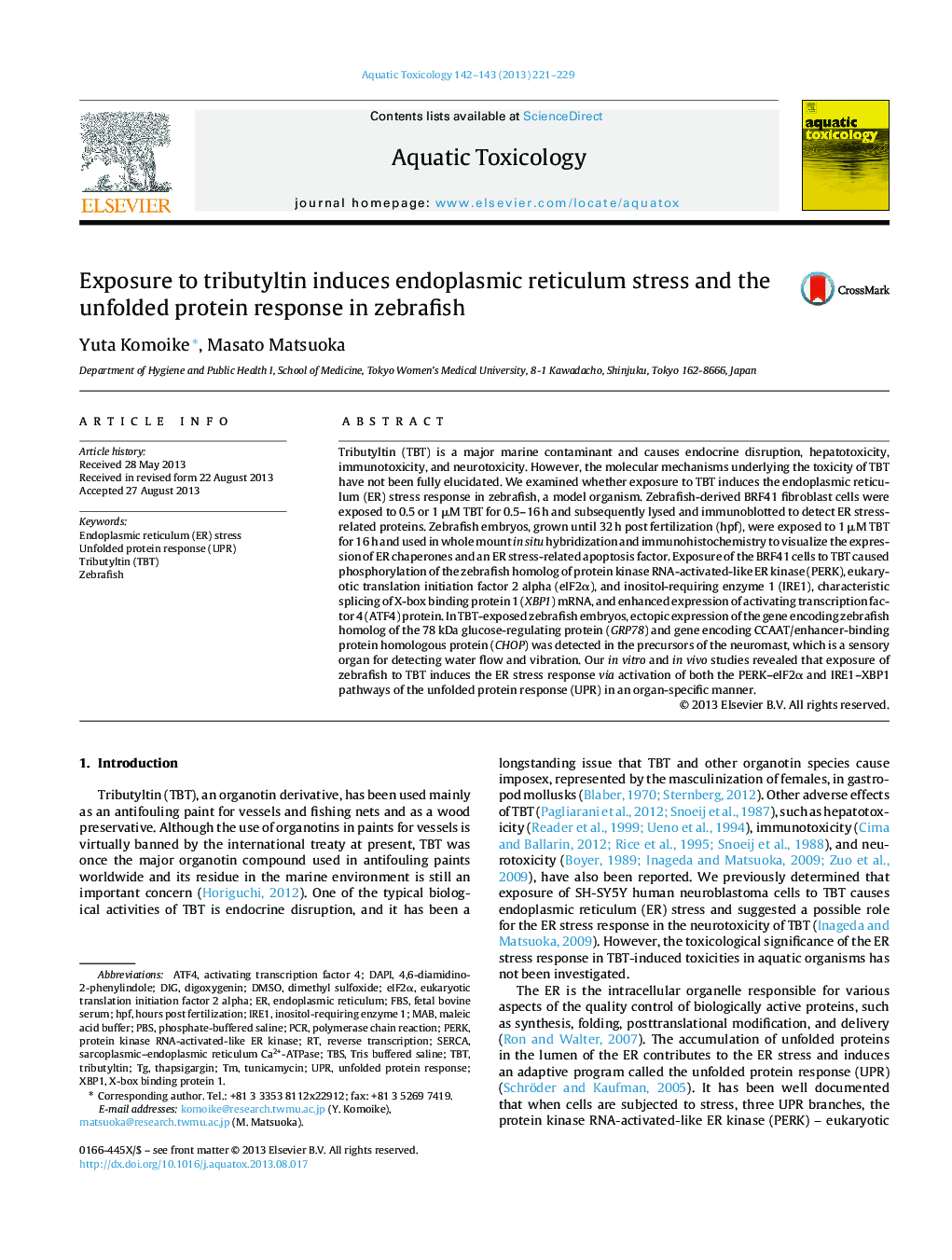 Exposure to tributyltin induces endoplasmic reticulum stress and the unfolded protein response in zebrafish