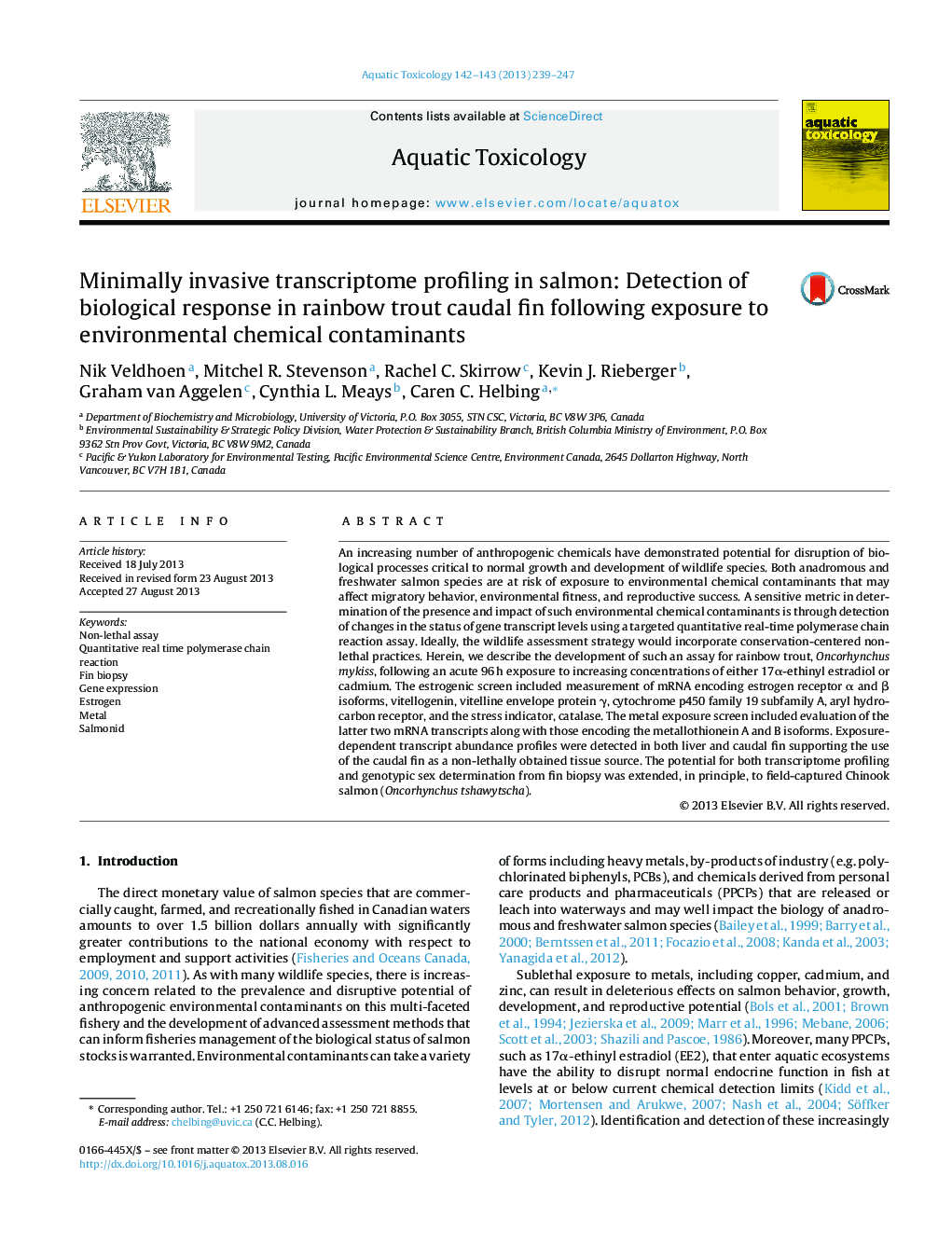 Minimally invasive transcriptome profiling in salmon: Detection of biological response in rainbow trout caudal fin following exposure to environmental chemical contaminants