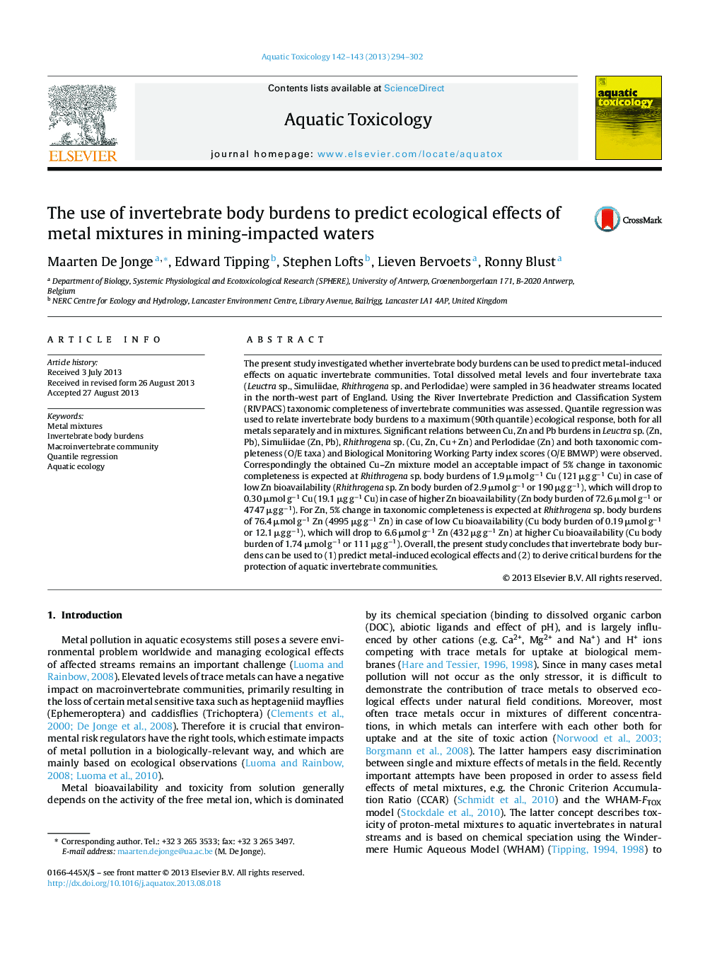 The use of invertebrate body burdens to predict ecological effects of metal mixtures in mining-impacted waters