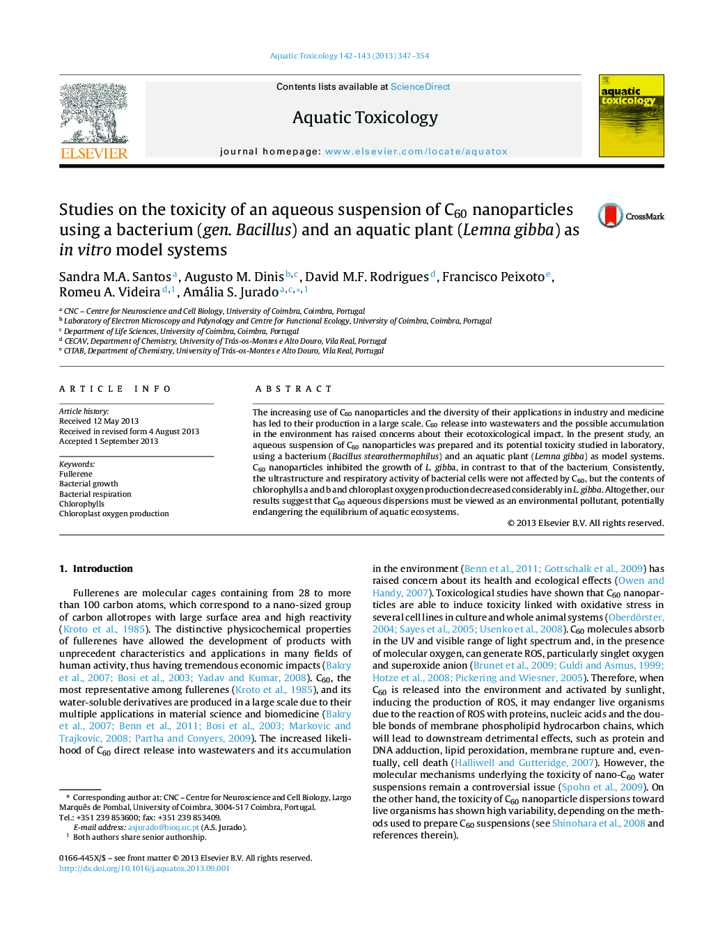 Studies on the toxicity of an aqueous suspension of C60 nanoparticles using a bacterium (gen. Bacillus) and an aquatic plant (Lemna gibba) as in vitro model systems